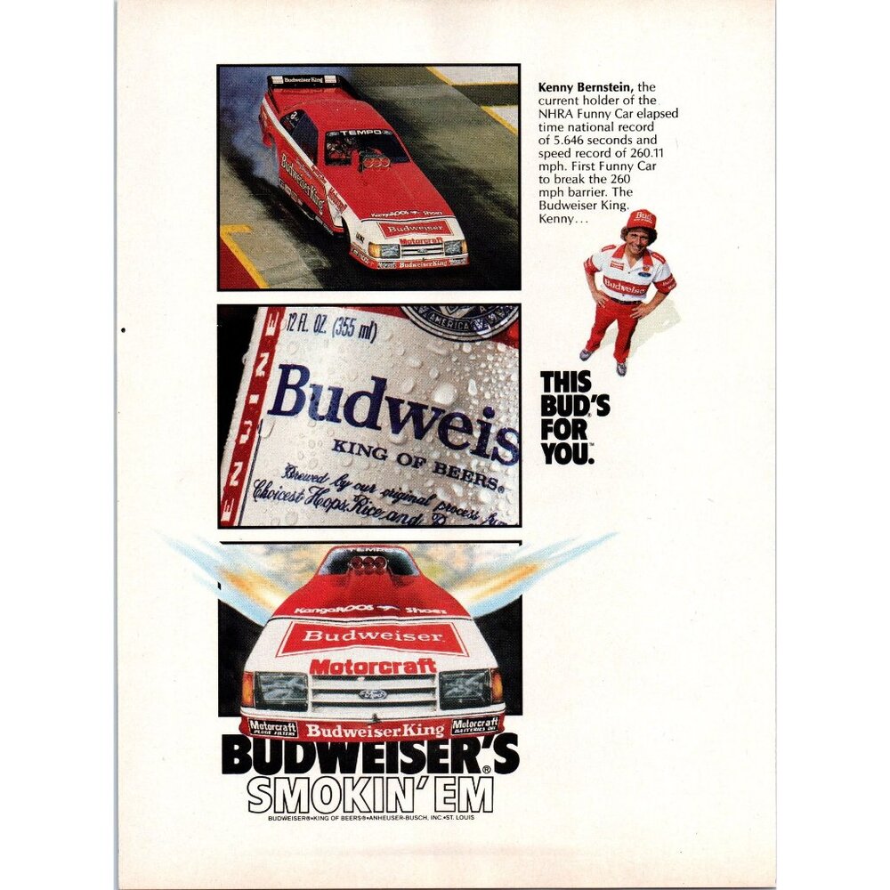 1986 Budweiser Bud Beer Vintage Print Ad Kenny Bernstein Funny Car Smokin'Em Art